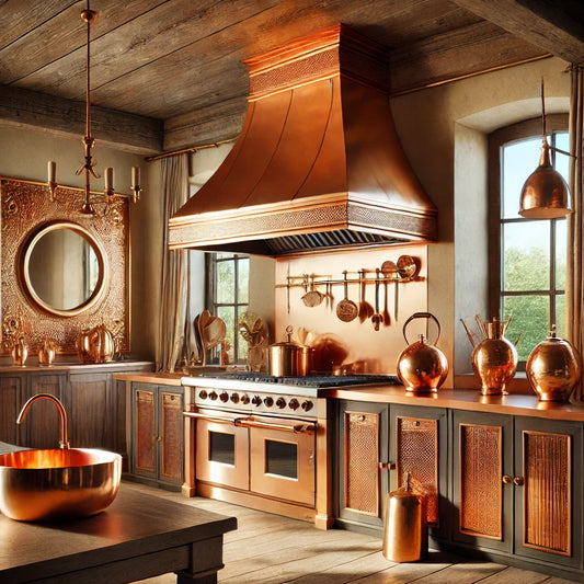 Luxurious kitchen with a polished copper range hood, copper sink, and light fixtures, featuring dark wood cabinetry and marble countertops