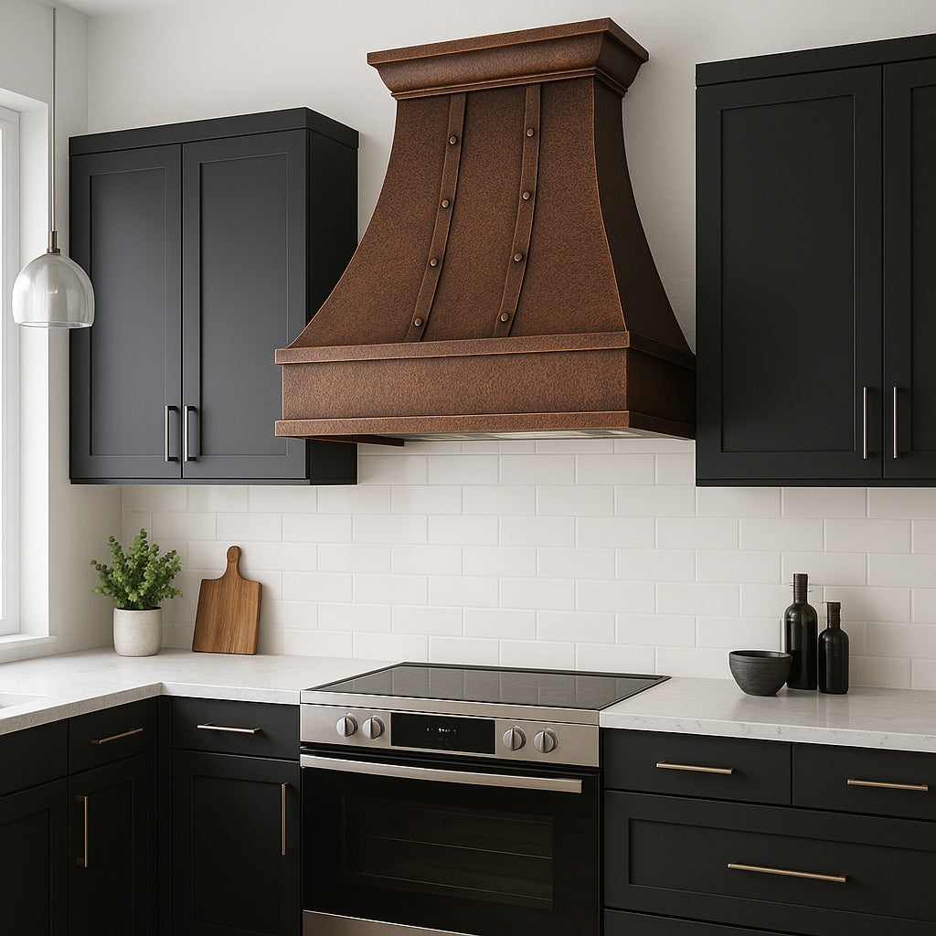 30-inch hammered copper range hood with vertical riveted straps in a kitchen setting