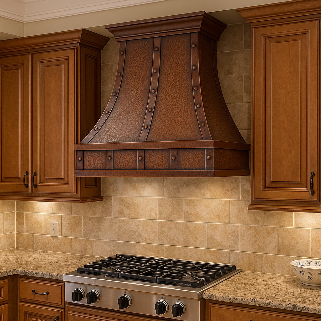 36-inch hammered copper range hood with vertical riveted straps in a kitchen