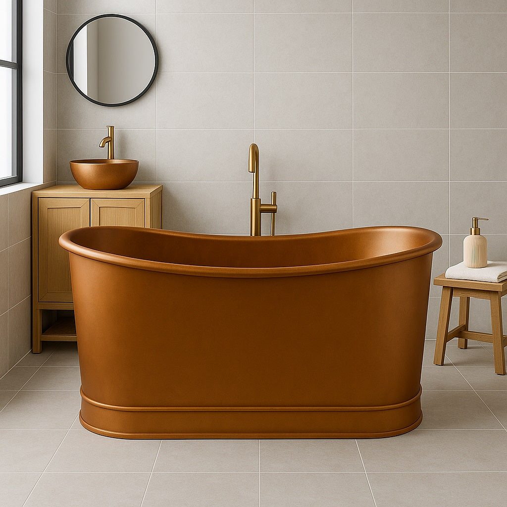 67-inch version of a double slipper freestanding hammered copper bathtub in a bathroom setting