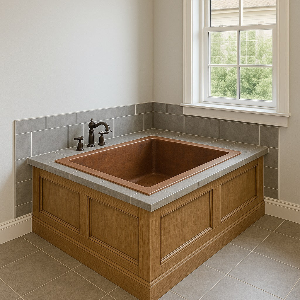 Alcove drop-in copper bathtub in a contemporary rustic bathroom