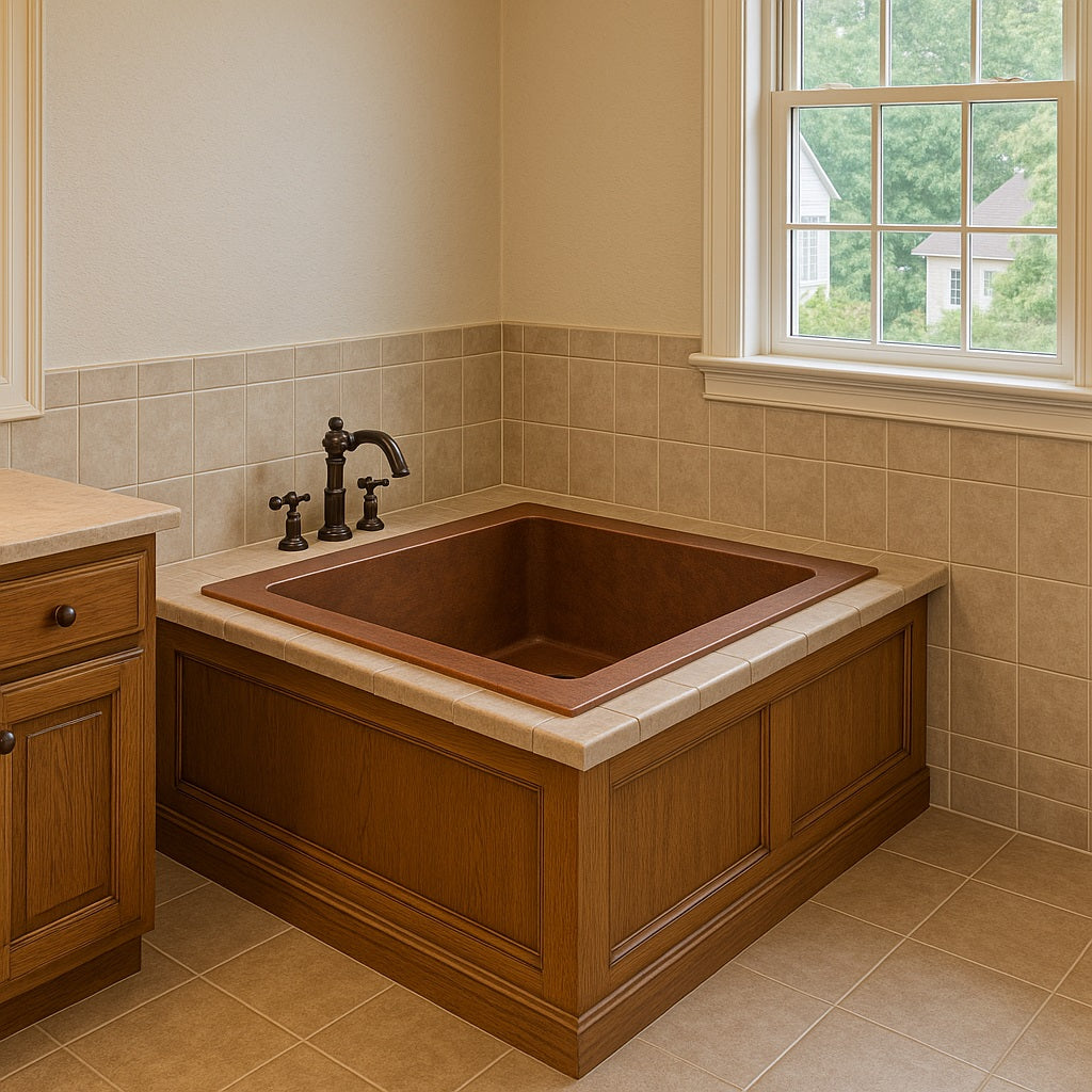 Alcove drop-in copper bathtub in a transitional bathroom