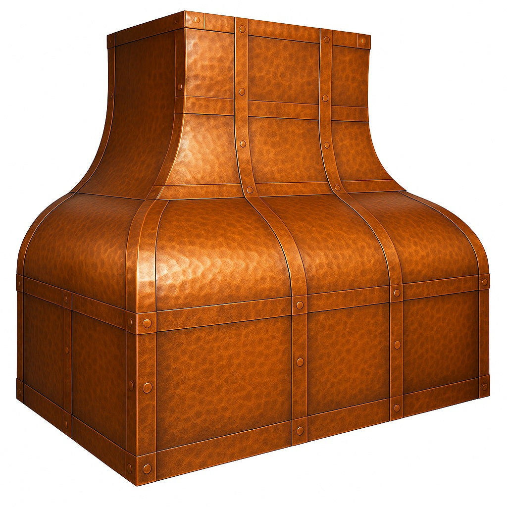 Arched hammered copper range hood with riveted strap detailing, side view