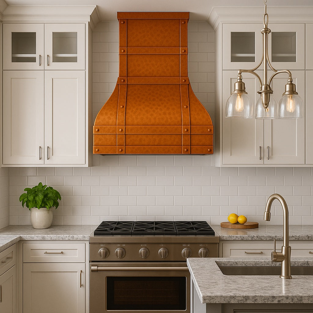 Transitional kitchen with an arched hammered copper range hood with riveted strap detailing