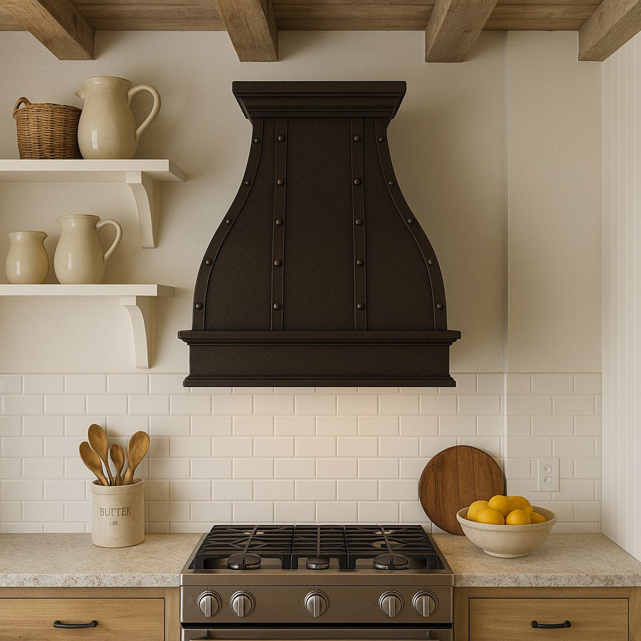 Dark patina copper range hood with straps and rivets in a rustic farmhouse style kitchen