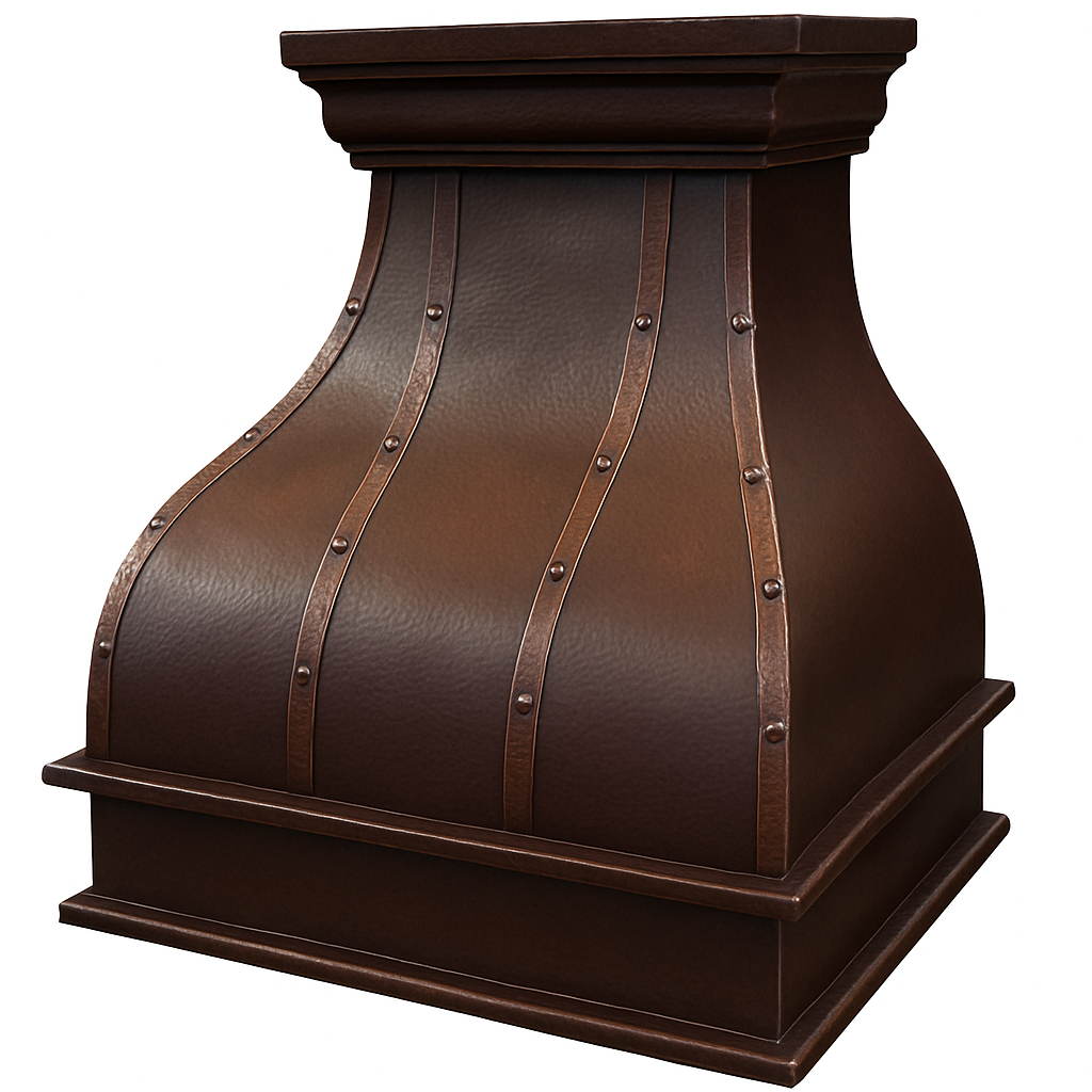 Dark patina copper range hood with straps and rivets seen from the right side
