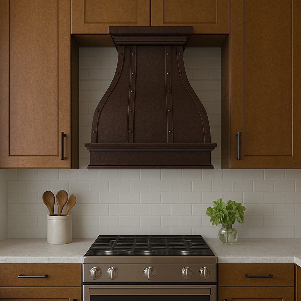 Dark patina copper range hood with straps and rivets in a traditional style kitchen