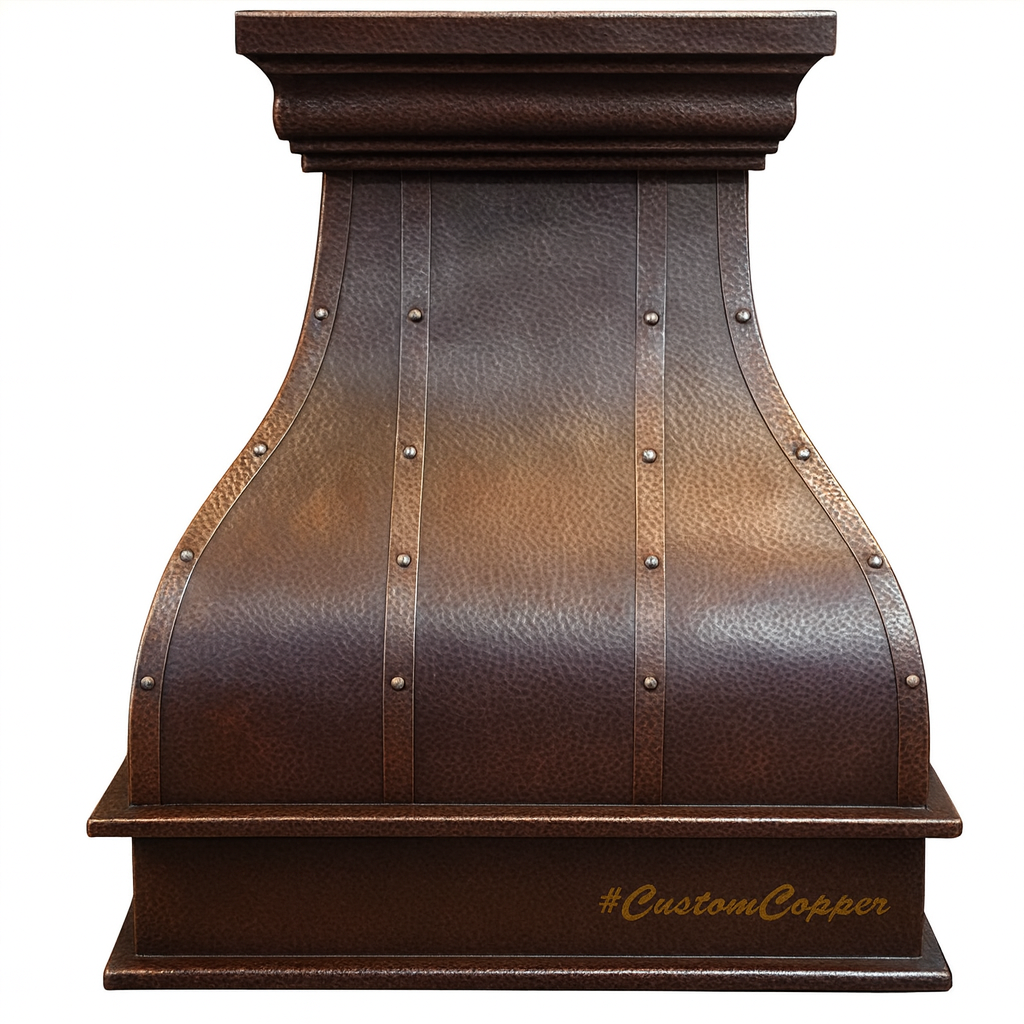 Dark patina copper range hood with straps and rivets front view