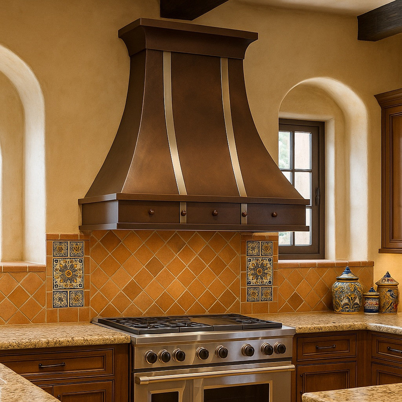 Decorative copper range hood with metal straps in a hacienda kitchen