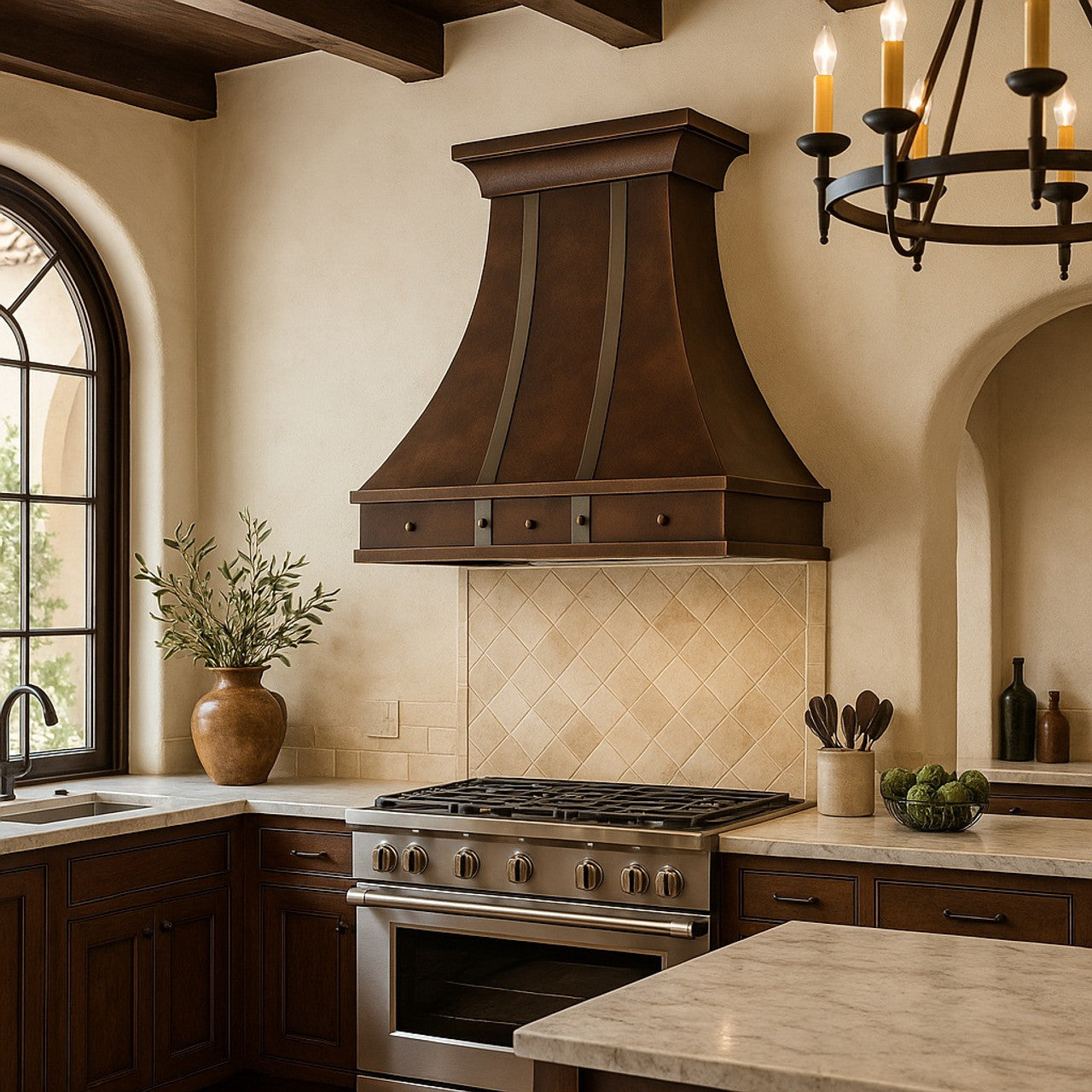 Decorative copper range hood with metal straps in a Spanish mission kitchen