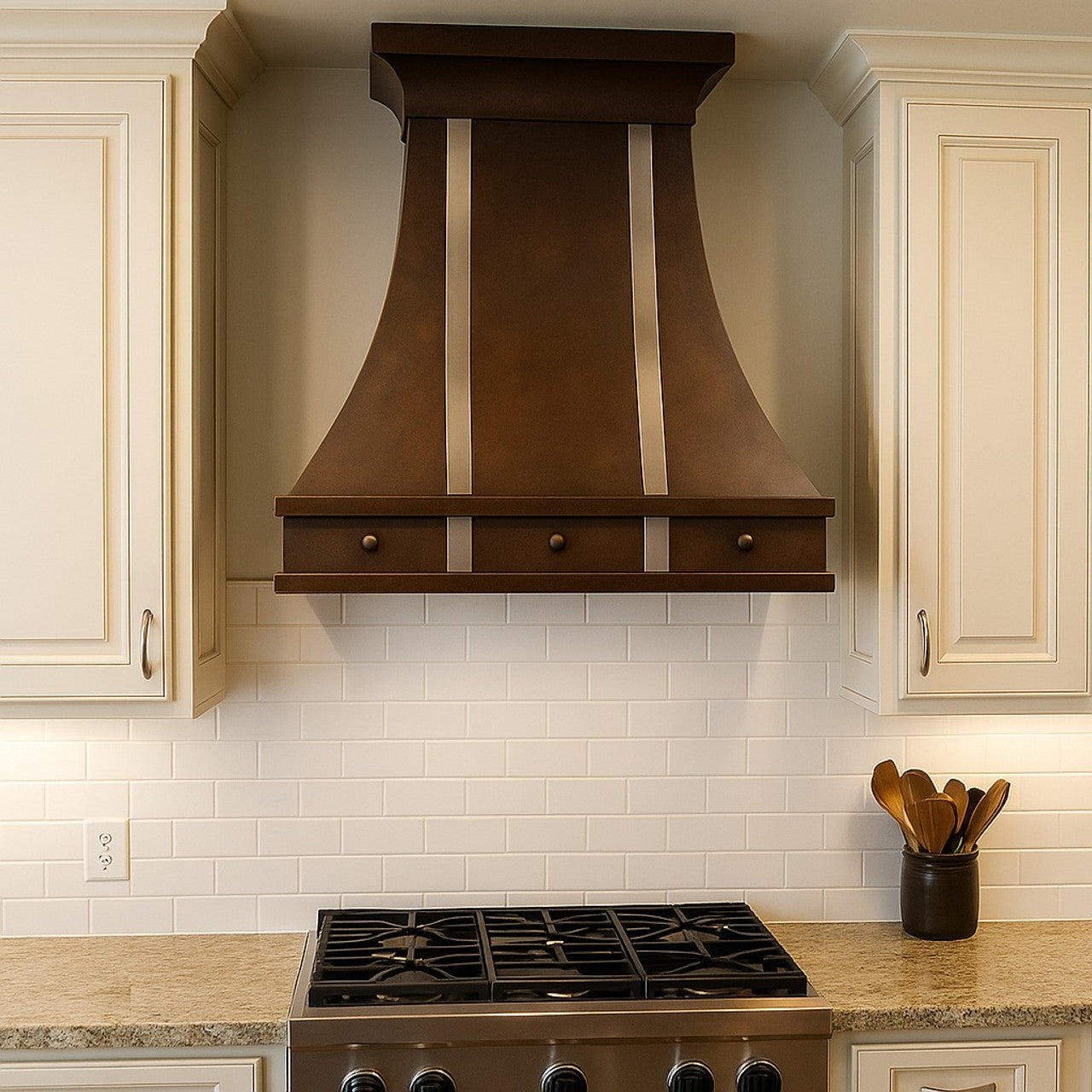 Decorative copper range hood with metal straps in a transitional kitchen