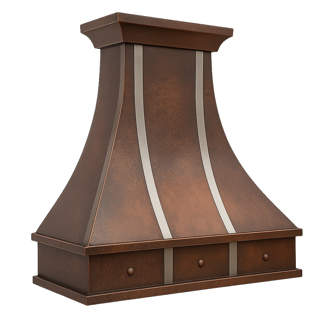 Decorative copper kitchen range hood with metal straps