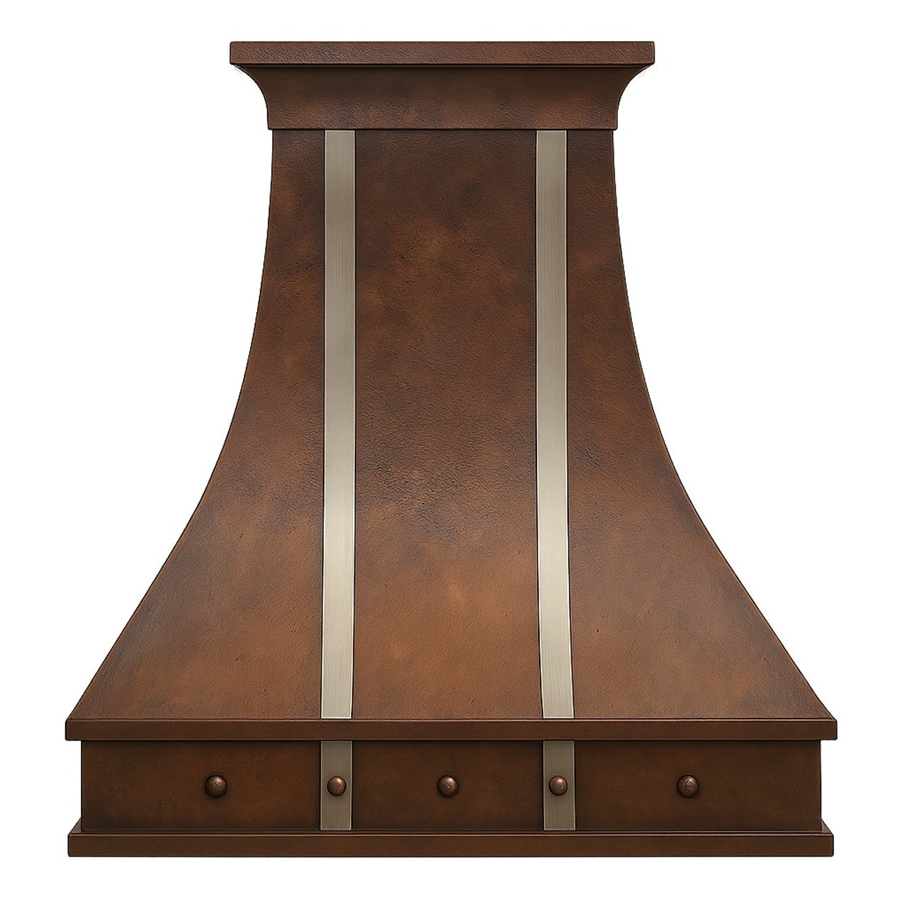 Decorative copper range hood with metal straps front view