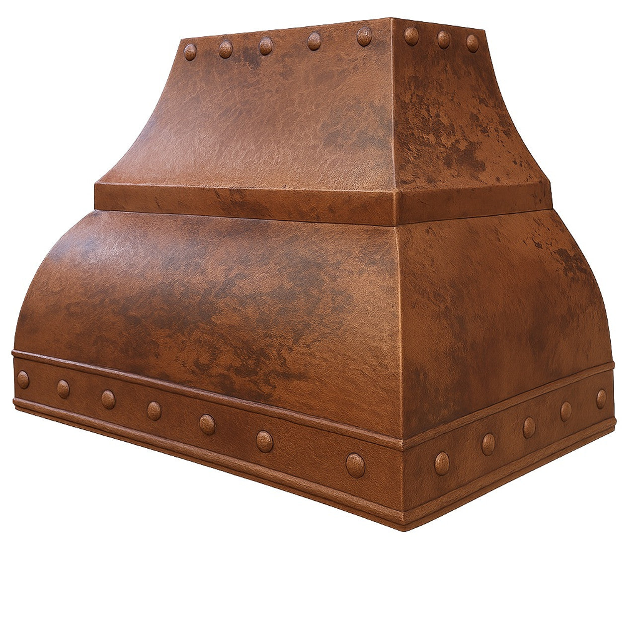 Decorative copper range hood with rivets and straps seen from the angle