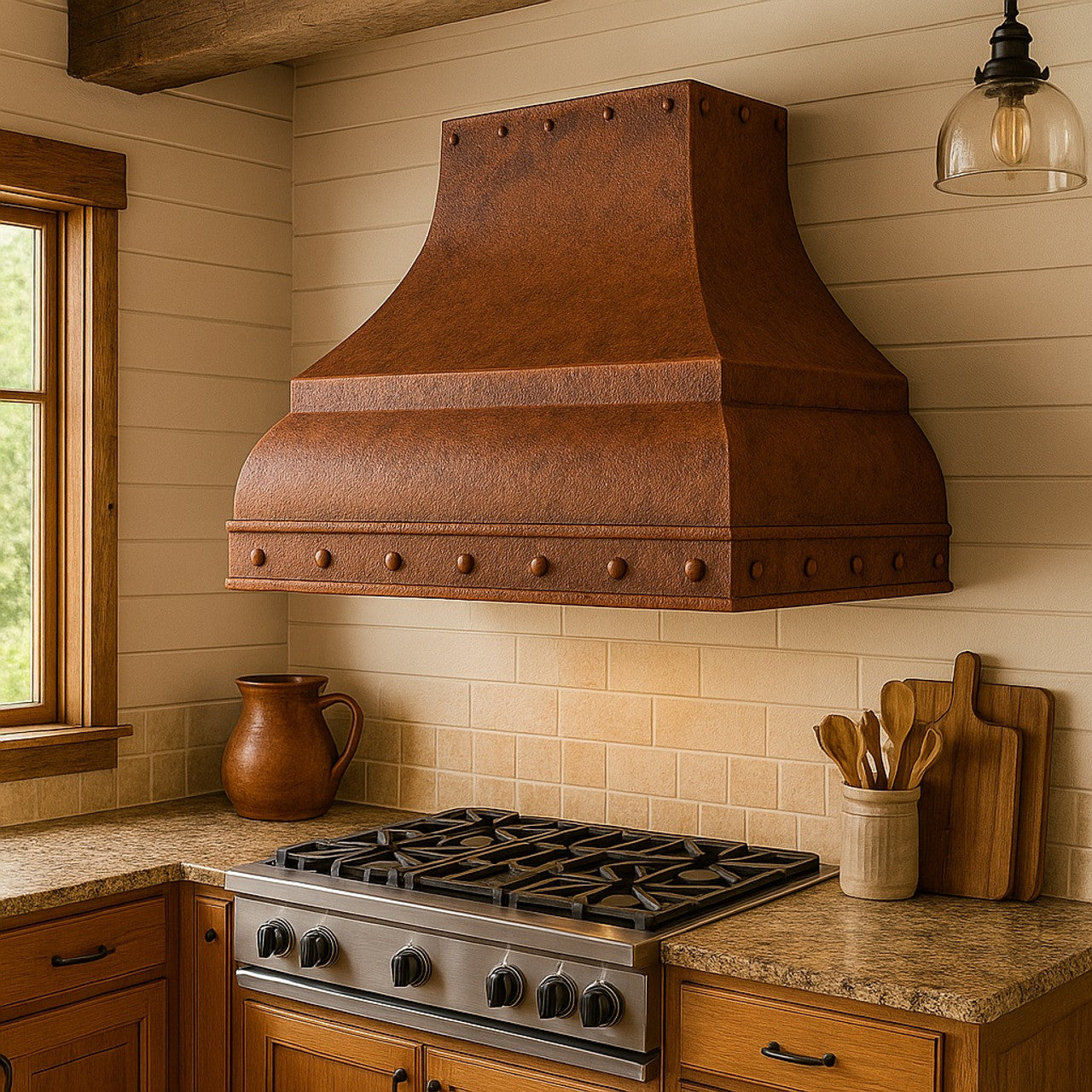 Decorative copper range hood with rivets and straps in a farmhouse style kitchen