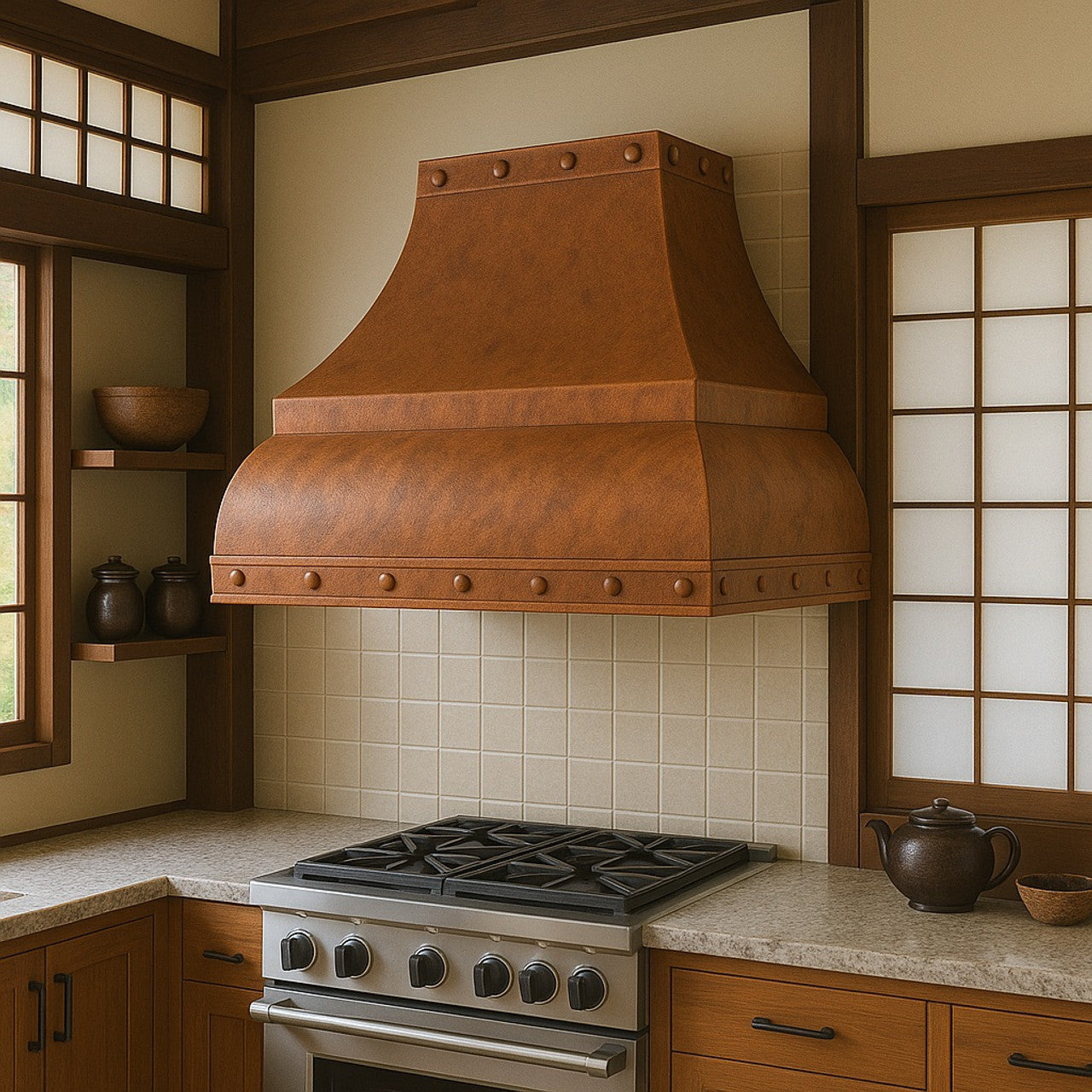 Decorative copper range hood with rivets and straps in an oriental style kitchen design
