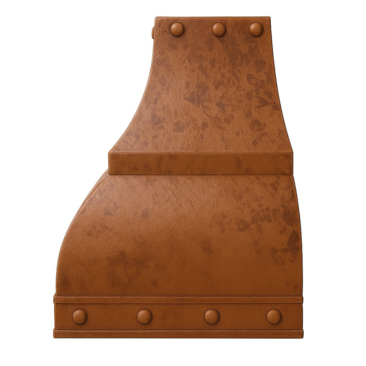 Decorative copper range hood with rivets and straps side view