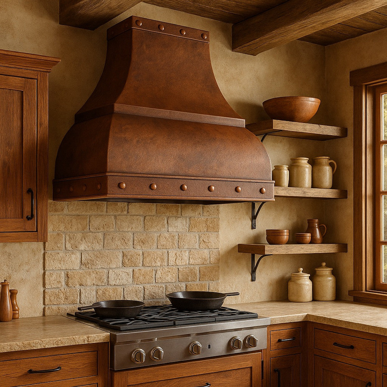 Decorative copper range hood with rivets and straps in a Tuscan kitchen setup