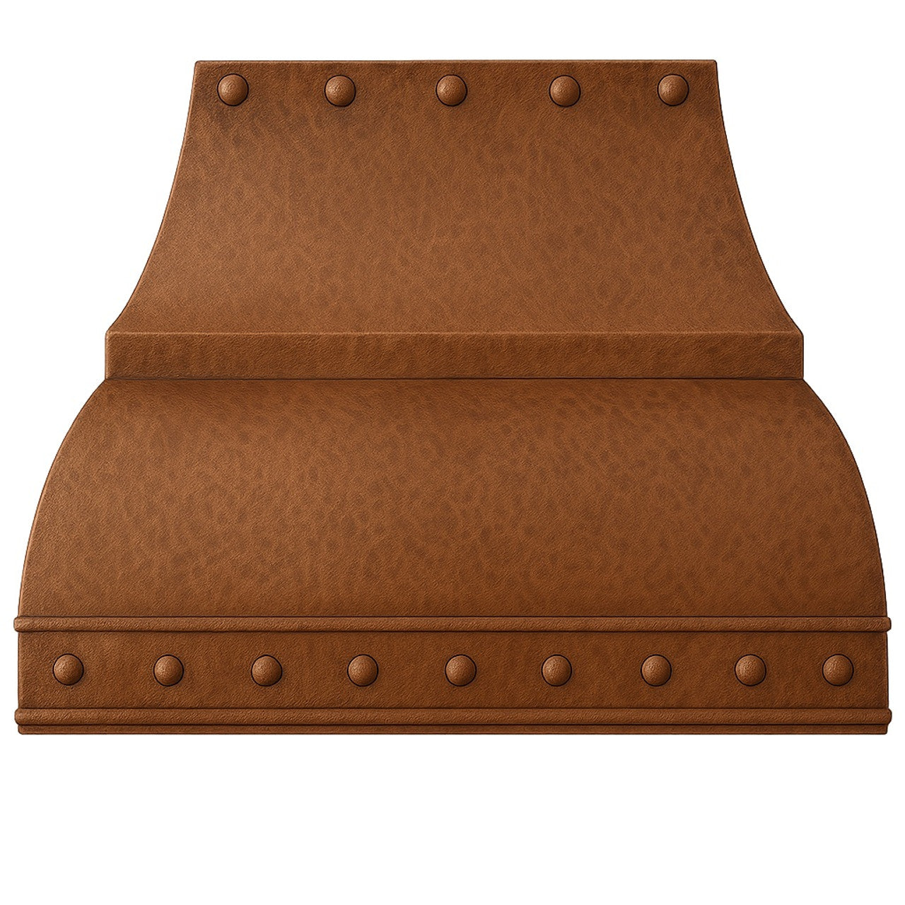 Decorative copper range hood with rivets and straps front view