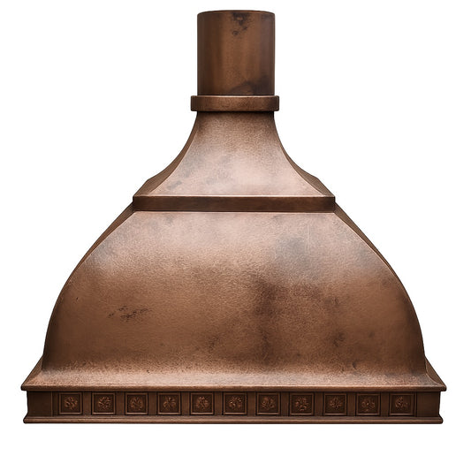 Decorative domed copper range hood with a round chimney design, front view