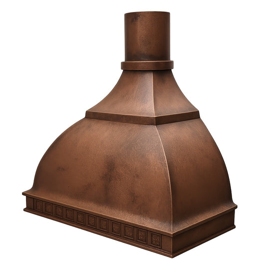 Decorative domed copper range hood with a round chimney design