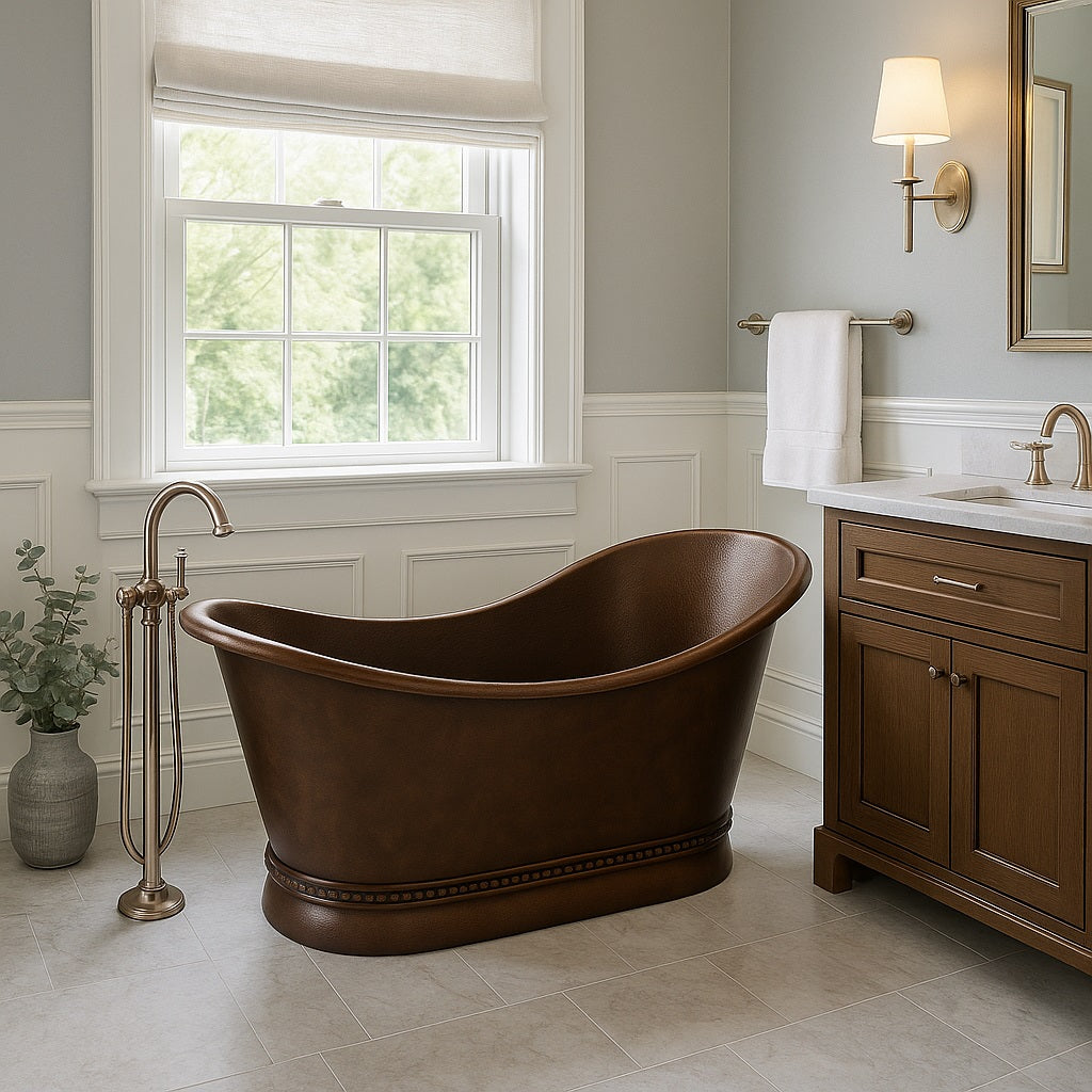 Double slipper copper bathtub with decorative base in a transitional style bathroom