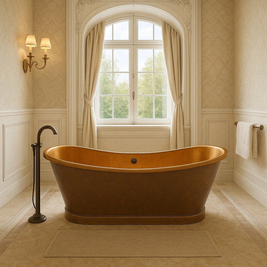 French country bathroom with a double slipper made copper bathtub with two patina finishes