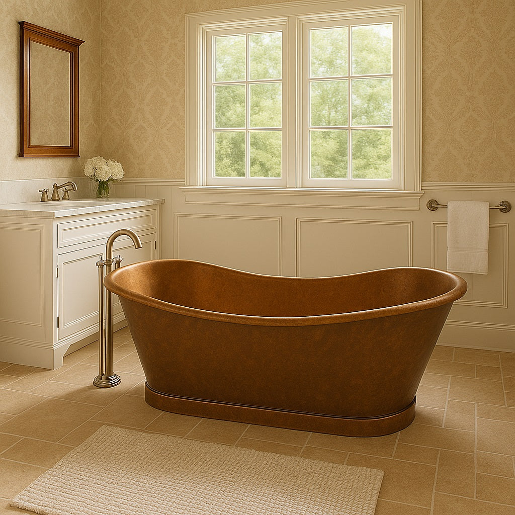 Traditional American suburban bathroom with a double slipper copper bathtub with two patina finishes