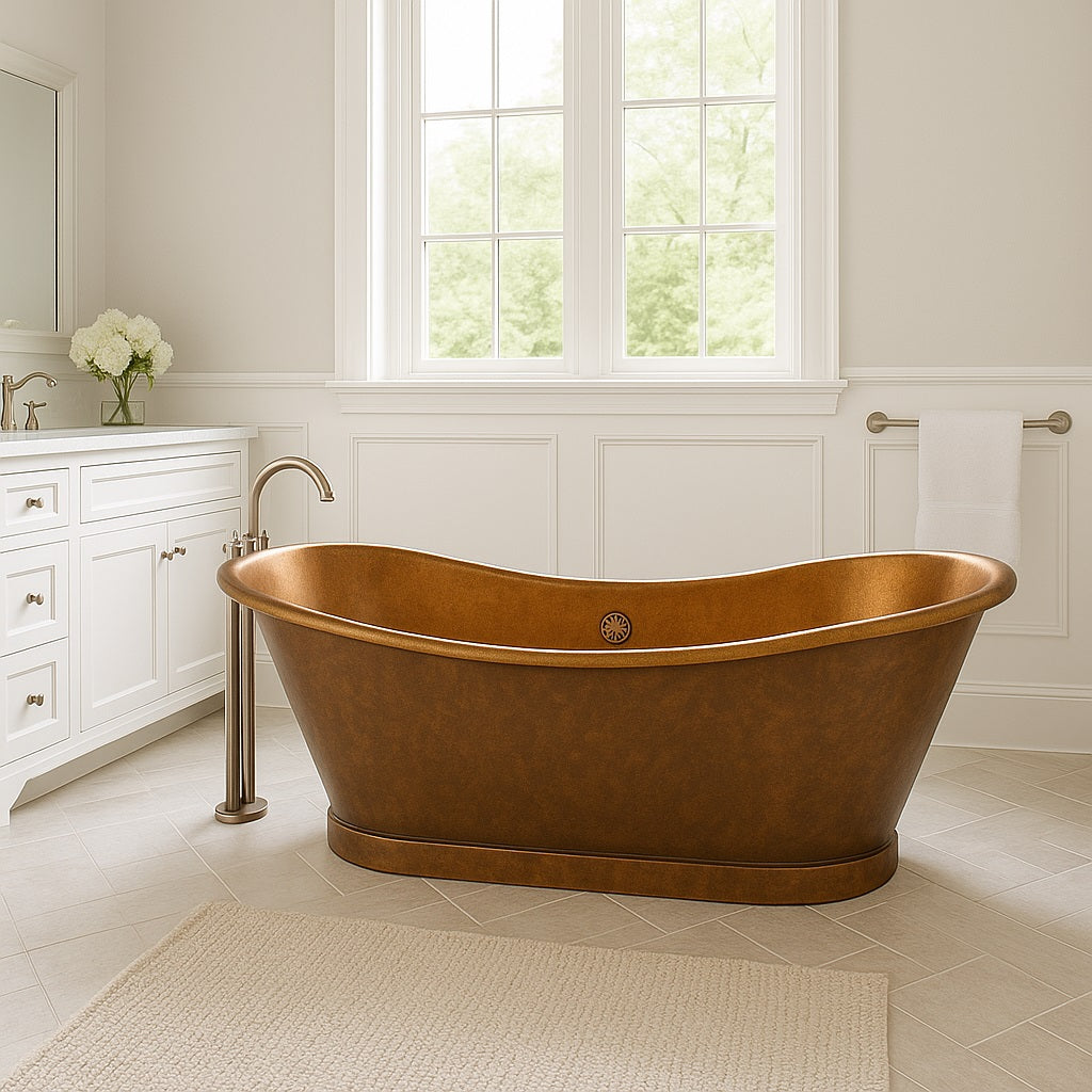 Transitional bathroom furnished with a double slipper copper bathtub with two patina finishes