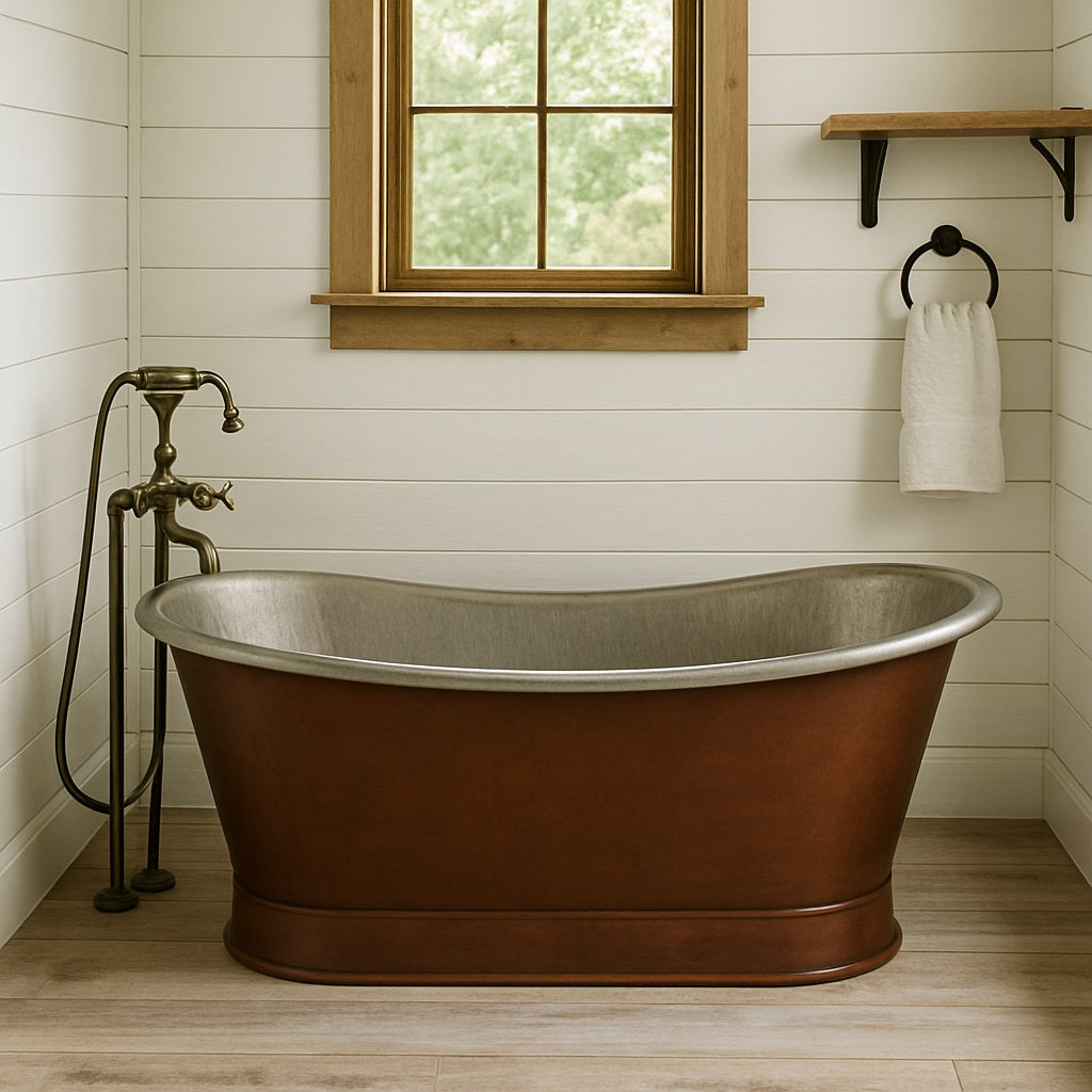 Double slipper copper bathtub with tin-plated interior in a rustic farmhouse style bathroom