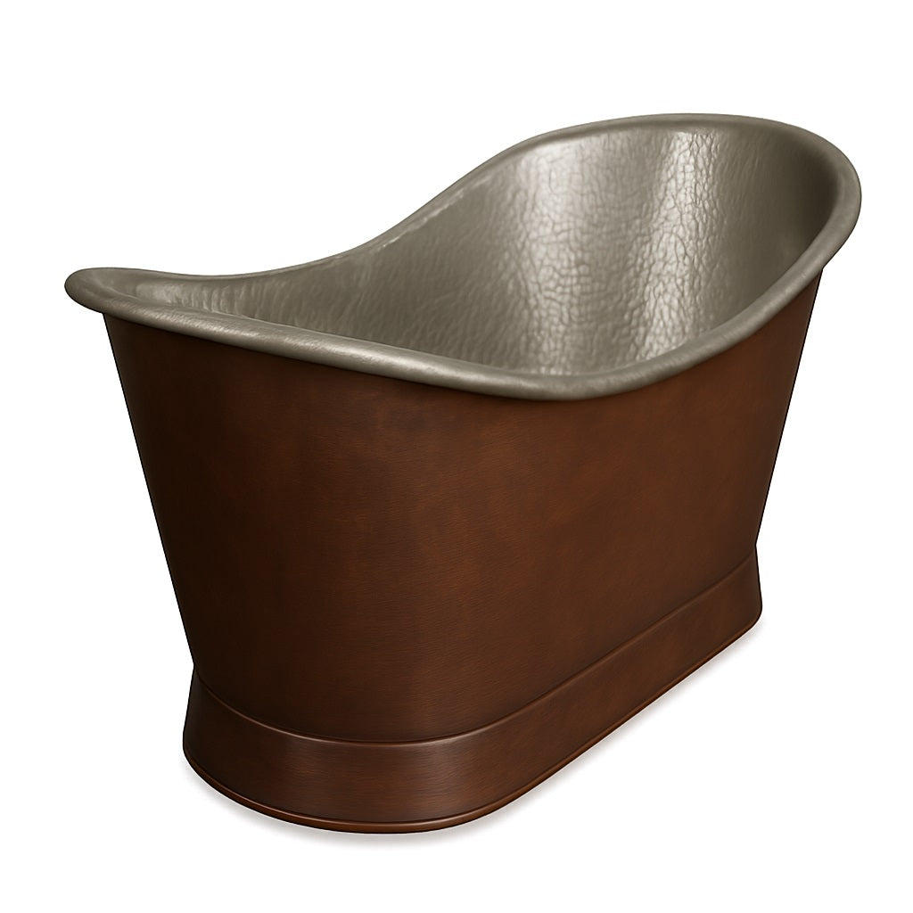 Double slipper copper bathtub with tin-plated interior, side view
