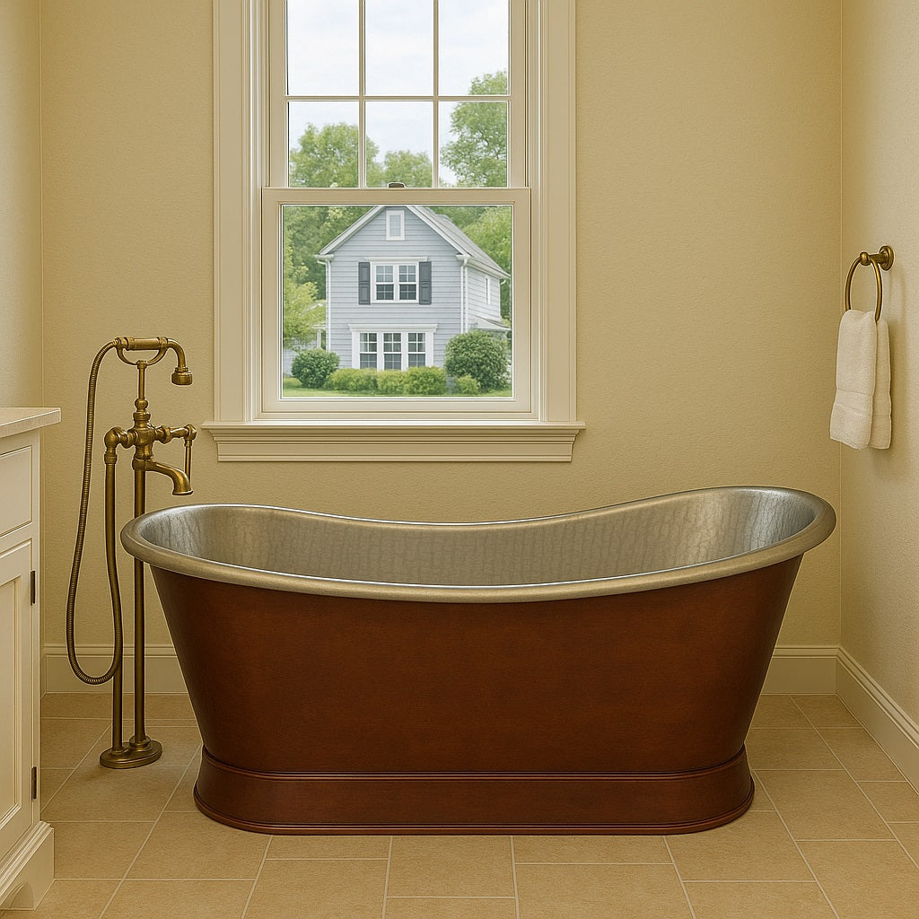 Traditional suburban bathroom with a double slipper copper bathtub with tin-plated interior