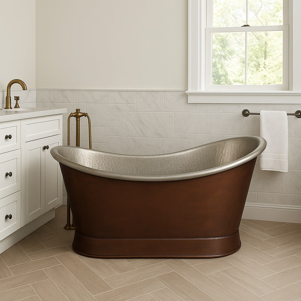 Transitional bathroom with a double slipper copper bathtub with tin-plated interior