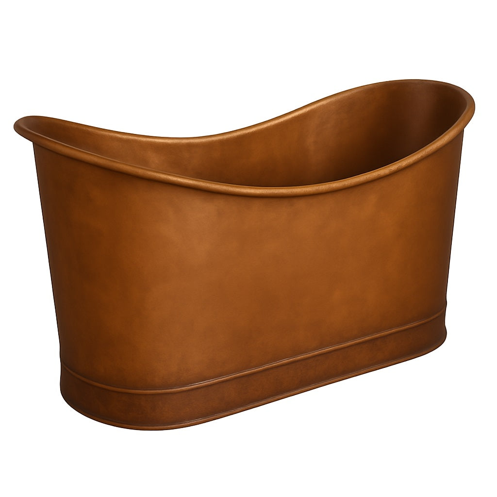 Double slipper freestanding hammered copper bathtub, angled view