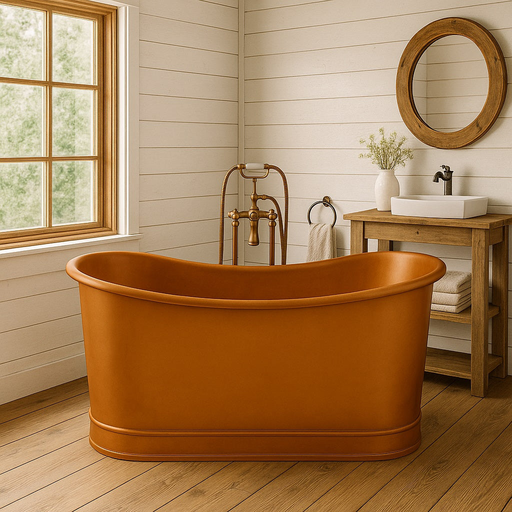 Double slipper freestanding hammered copper bathtub in a rustic farmhouse style bathroom