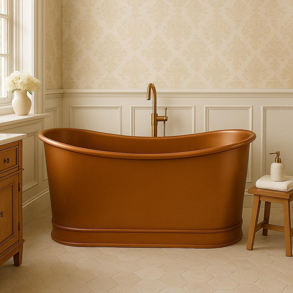 Traditional bathroom with a double slipper freestanding hammered copper bathtub