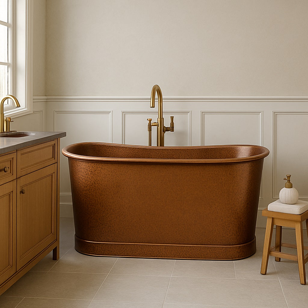 Double slipper freestanding hammered copper bathtub in a transitional bathroom setting