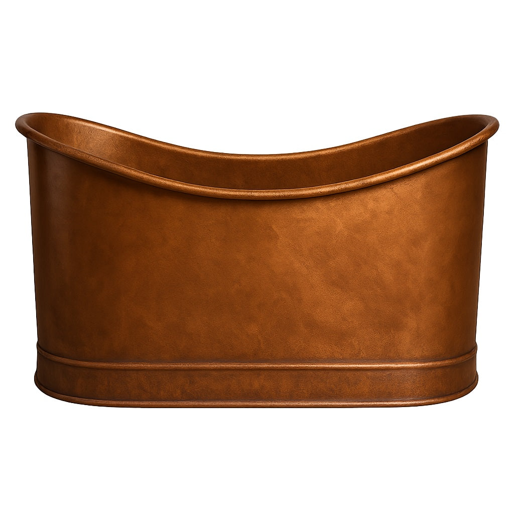 Double slipper freestanding hammered copper bathtub, side view
