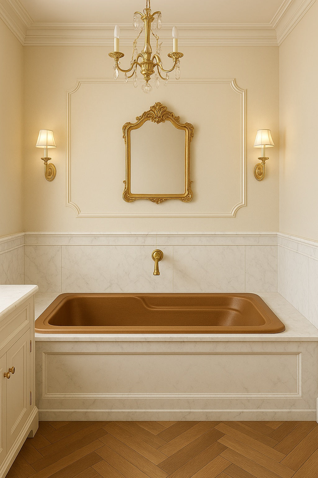 Drop-in copper bathtub for a bathroom alcove in an old-European style bathroom