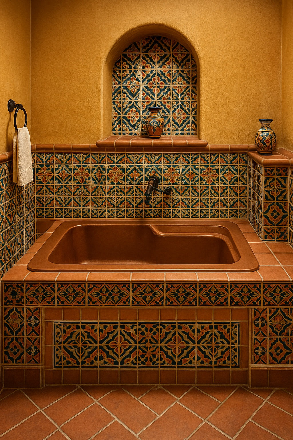 Drop-in copper bathtub for a bathroom alcove in a Spanish Revival style kitchen with Talavera tile decorating walls