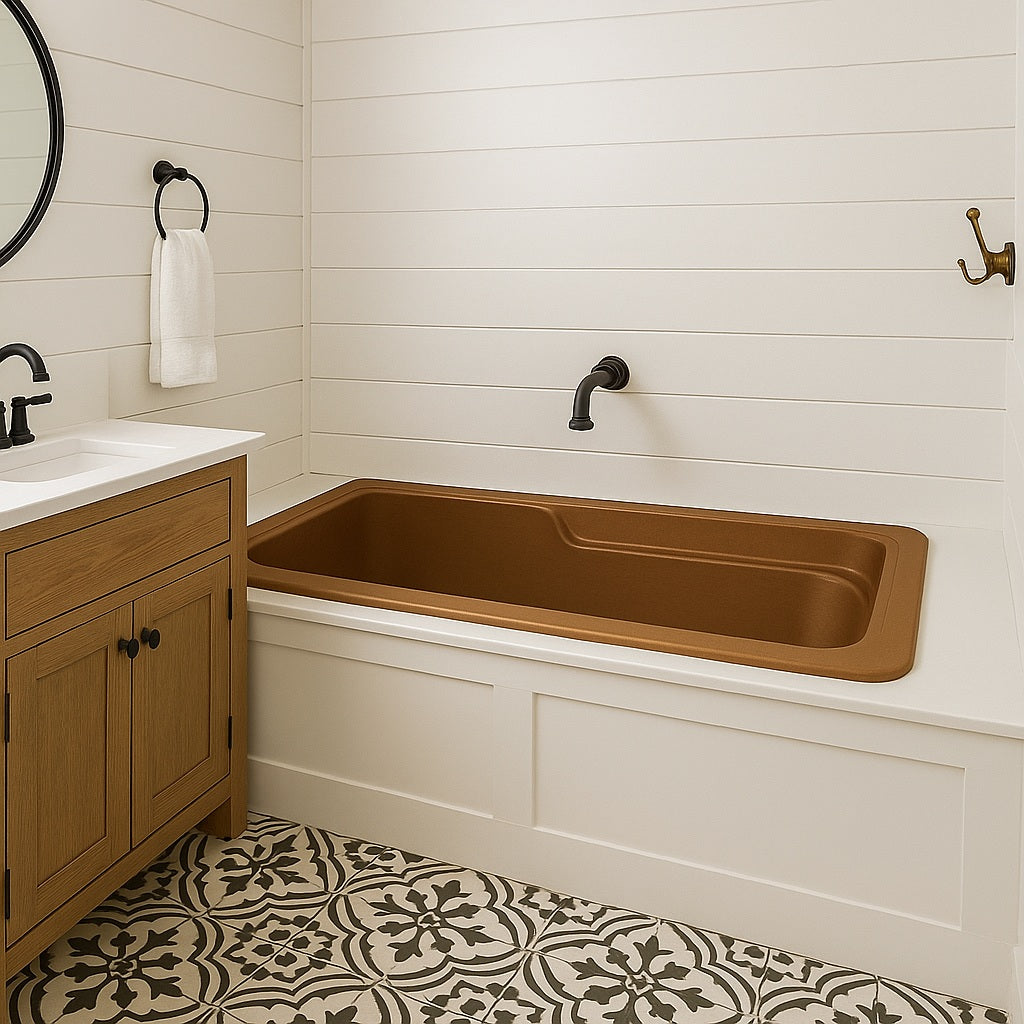 Drop-in copper bathtub for a bathroom alcove in a rustic bathroom