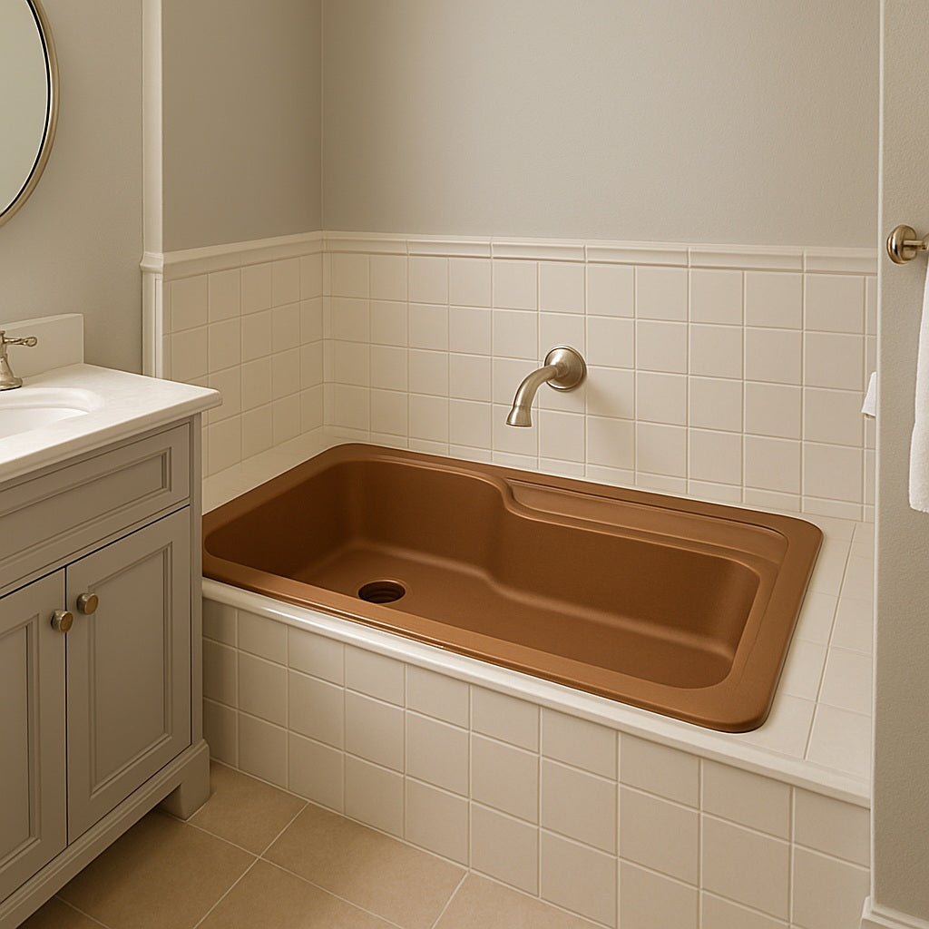 Drop-in copper bathtub for a bathroom alcove in a transitional bathroom style setting