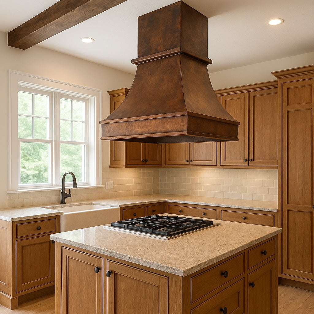 Flared copper range hood with crown ledge and aged patina in kitchen island configuration