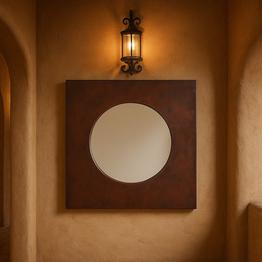 Foyer decorated with a custom square copper mirror with round center opening
