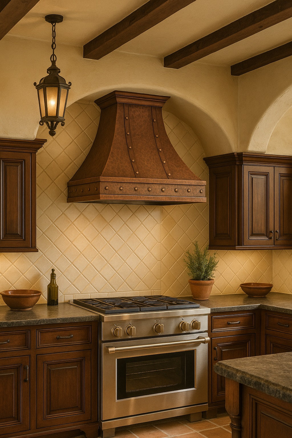 Hacienda copper range hood with rivets and straps design in a Spanish revival kitchen