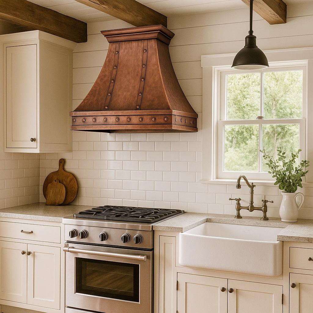 Rustic farmhouse kitchen with a Hacienda copper range hood with rivets and straps design