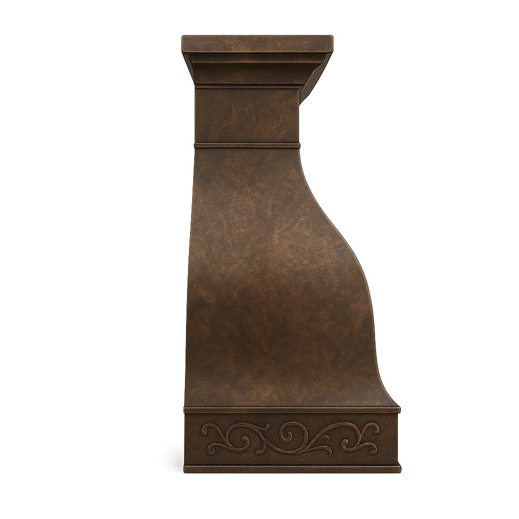 Hacienda copper range hood with decorative scrollwork apron profile view