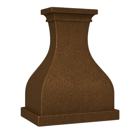 Smooth hacienda made copper range hood with simple crown seen from the angle