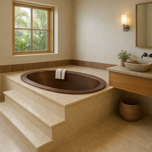 Hammered drop-In made copper bathtub for alcove installation in a spa type bathroom