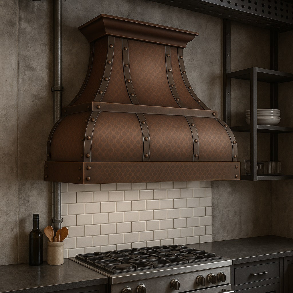 Hammered copper range hood with riveted straps and mid-band in a industrial style kitchen